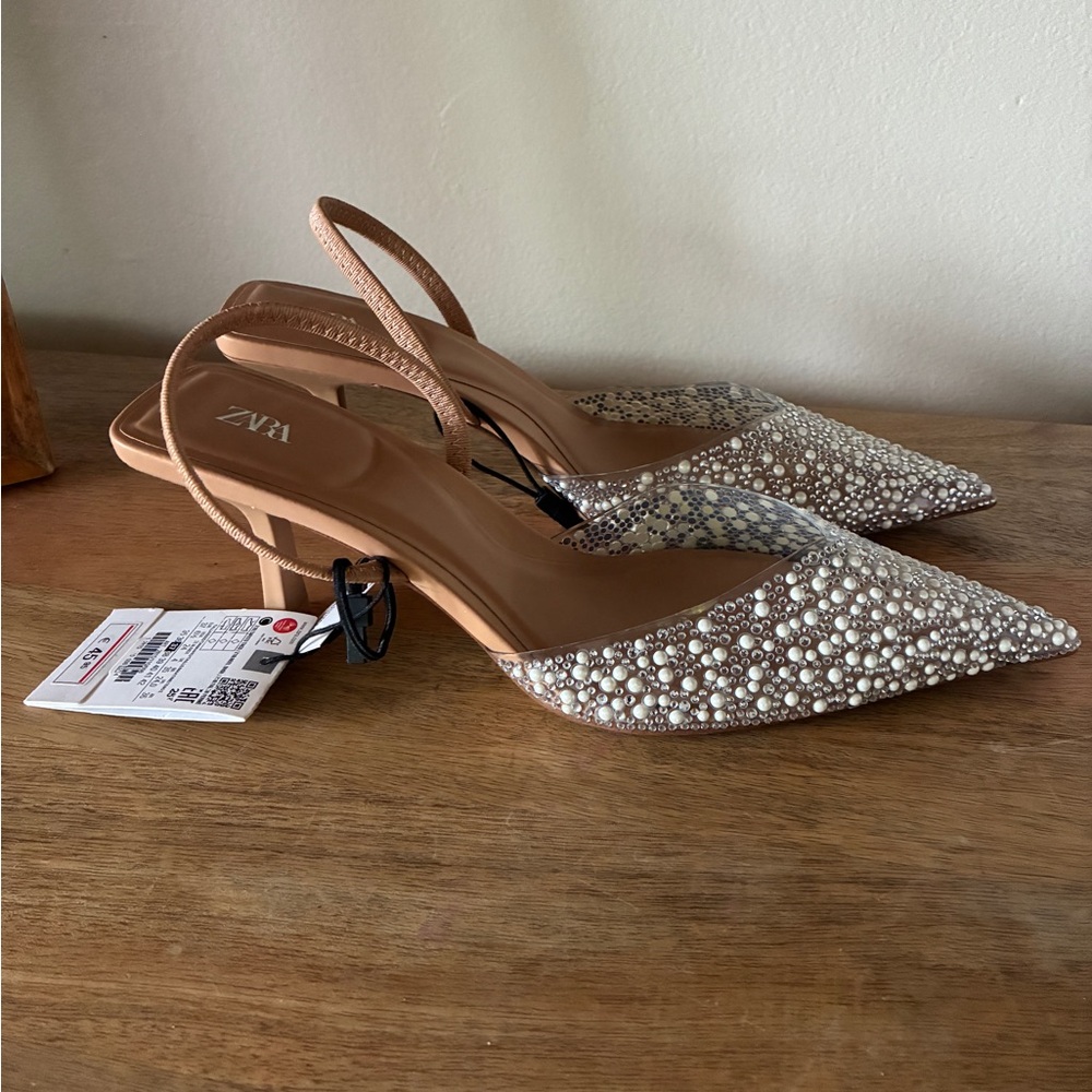 Zara Women's Pearl Embellished Slingback Heels - Cream and Tan